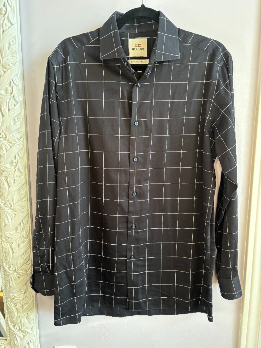 Ben Sherman Black Windowpane Check Shirt Mens Medium Smart Casual Button-Up 15.5